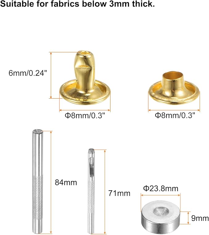 HARFINGTON 100 Sets Leather Rivets 6 x 8mm Metal Double Cap Rivet Snaps Studs Fasteners with 3pcs Setting Tools for Leather Craft DIY Repair Decoration, Gold Tone