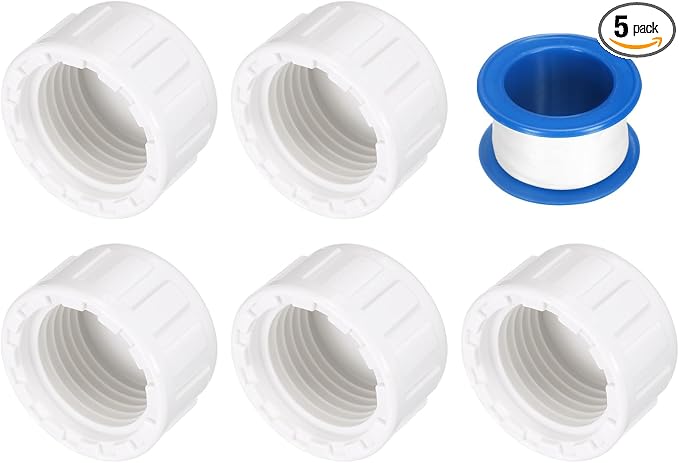 uxcell 5Pcs 1/2 Inch PT Female Thread PVC Pipe Fitting Cap, Cleanout Water Drain End Caps, Pipe Plug Socket Fittings with Tape for Water Heater Supply Lines, Plumbing, White