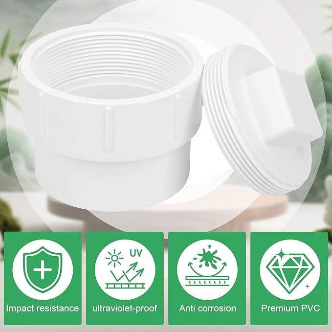 4" PVC Sewer Cleanout Adapter with Plug Pipe Fitting SCH40 PVC DWV Flush Female Sewer Cleanout Cap Cover for Drainage Piping System, Outdoor Garden, RV