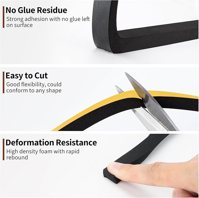 Yotache Foam Tape Weather Stripping for Door 1/2" W X 3/8" T (New Adhesive Craft), High Density Closed Cell Adhesive Weather Seal Strip Black, 13 Ft Length