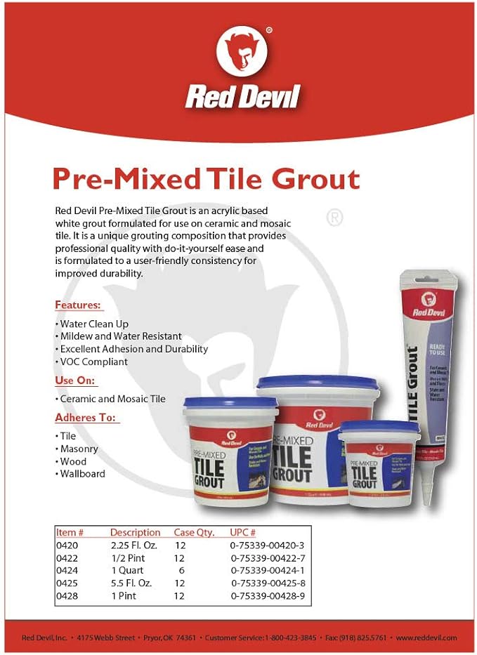 Red Devil 0422 Pre-Mixed Tile Grout - Professional Quality, Excellent Adhesion, Ideal for Wall & Floor Use - 1/2 Pint, White, Made in USA