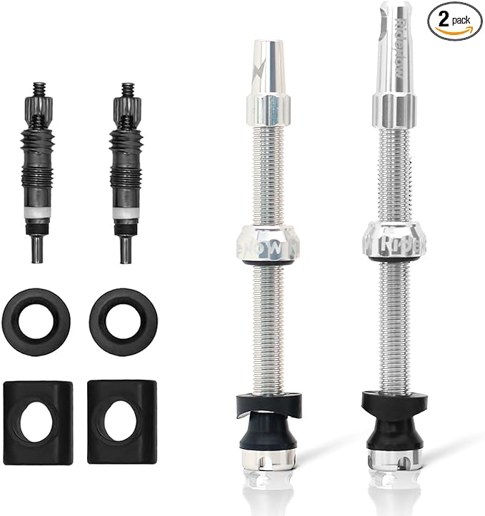 RideNow Tubeless Presta Valve Stems, 65mm Super Light 7075 Aluminum Alloy Presta Tubeless Valve Stem Kit with Valve Core Remover Tool and Valve Stem Caps, Multiple Color and Size Options(Pair), Silver