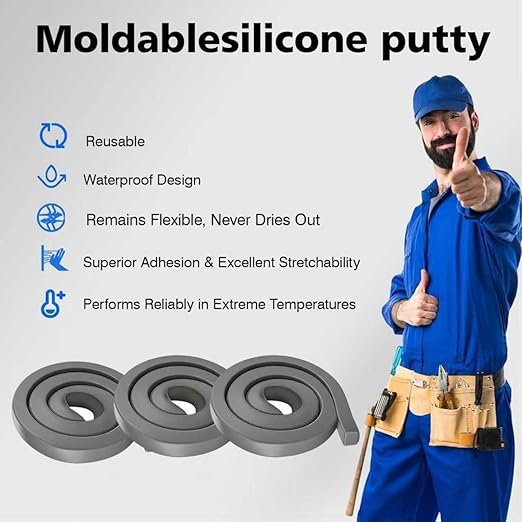 3Pack Moldable Silicone Putty, Non Hardening Waterproof Sealant Compound, Reusable & Pliable Seal Putty for Metal, Glass, Wood, Ceramic, Bathroom, Pipes and Wall Gaps Repair (Grey)