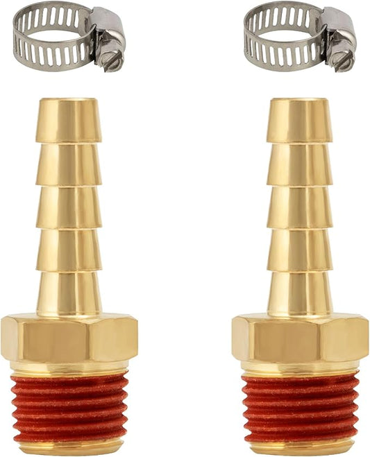 SUNGATOR 2-Pack 1/4'' Air Hose Barb Fittings, Brass 1/4 Inch NPT Male Barbed Air Hose Repair Kit with Sealant, 1/4'' Barbed Gas Line Repair Brass Fittings with 2 Pcs Clamps