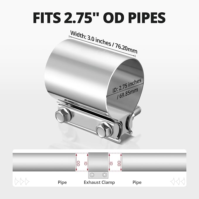 EVIL ENERGY 2.75 Inch Exhaust Clamp,2 3/4" Butt Joint Band Clamp Sleeve Coupler Stainless Steel for Pipes,Mufflers,Catalytic Converters 1PCS