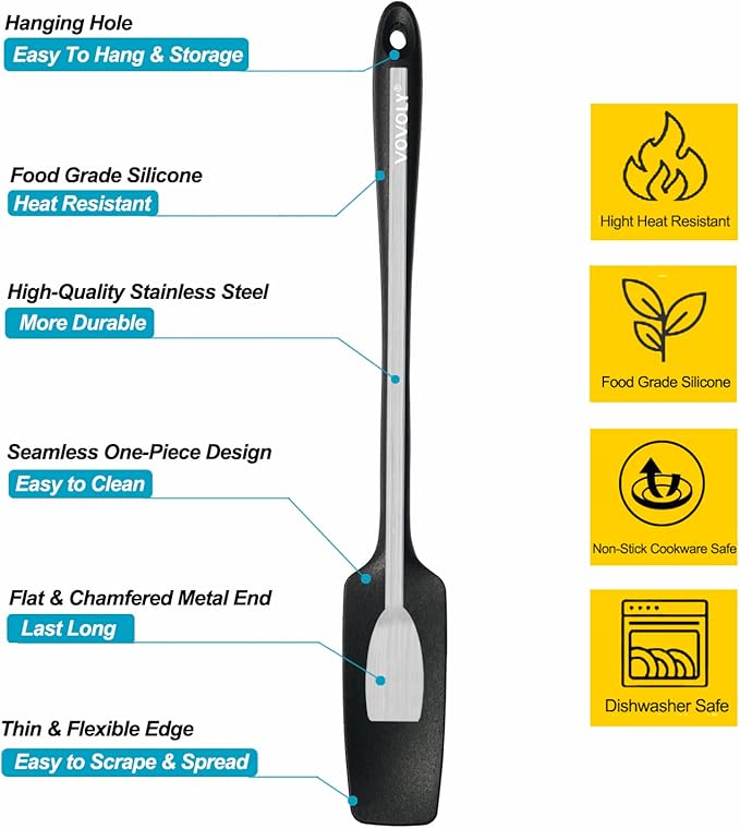 2-Pack Silicone Small Jar Spatulas with Long Handle, Upgraded Heat Resistant Spatula for Non Stick Cookware, Seamless Design, Stainless Steel Core, BPA Free Spoonula, Black