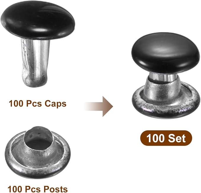 HARFINGTON 100 Sets Double Cap Leather Rivets, 6x6mm Round Cap Tubular Metal Studs Leather Crafting Rivets for Fabric Belt Pet Collar Boot Bag Repair and Decoration, Black