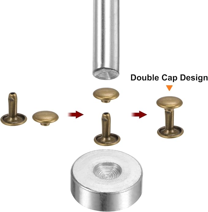 HARFINGTON 100 Sets Leather Rivets 10 x 8mm Metal Double Cap Rivet Snaps Studs Fasteners with 3pcs Setting Tools Rivets for Leather Craft DIY Repair Decoration, Bronze