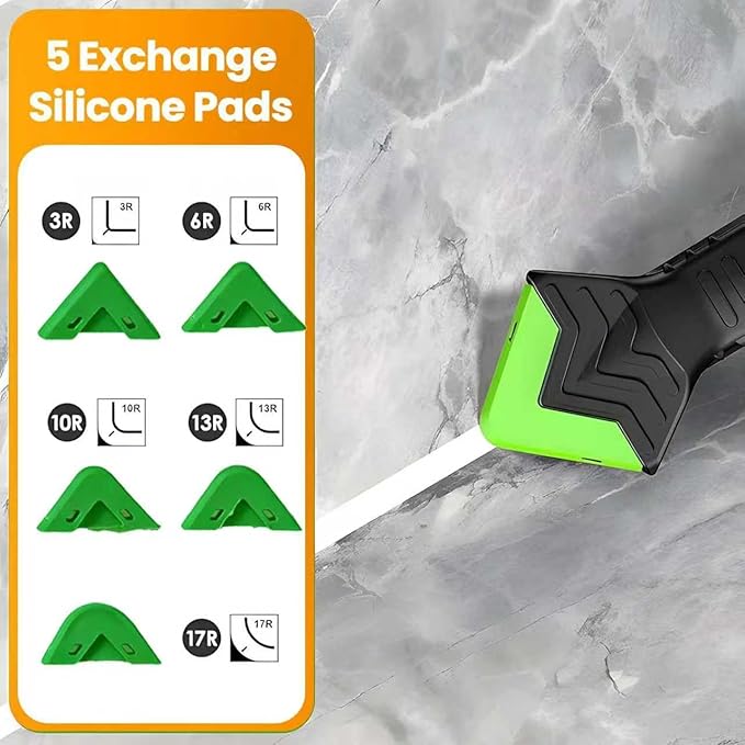 5-in-1 Caulking Tool Kit – Silicone Caulk Finisher, Remover & Grout Scraper with 5 Interchangeable Pads – Sealant Smoothing, Adhesive Removal for Kitchen, Bathroom, Windows, Tiles