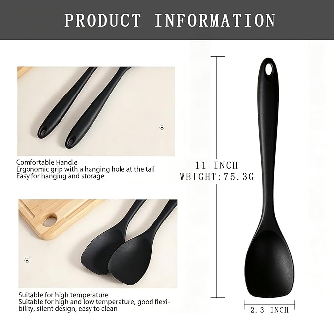 2 Pcs Silicone Spatula,Heat Resistant Rubber Spoonula, Seamless Non-Stick Flexible Scrapers for Baking Mixing Tool (BLACK)