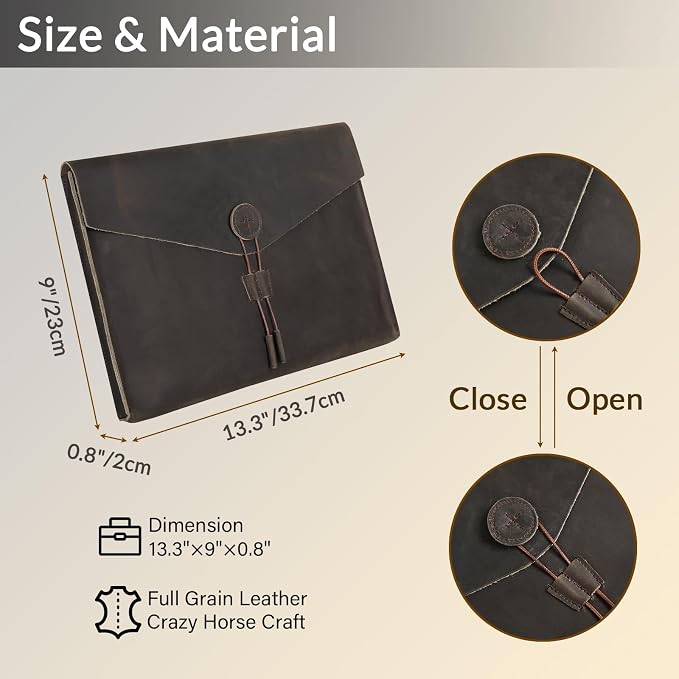 Genuine Leather Envelope Document Holder， Leather File Folder Organizer，Envelope Document Holder, Personalized Folio Laptop Sleeve Case for 14" Laptops