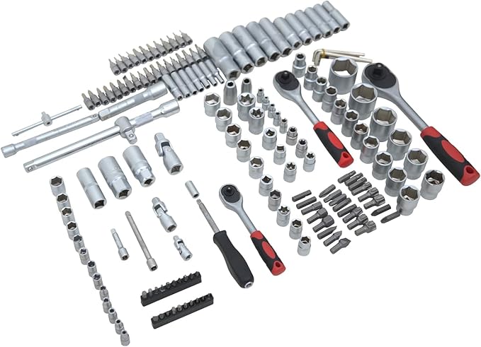 171 Pieces Socket Set, 1/4 and 3/8 Inch Drive Mechanic Tool Set, Motorcycle Tool Kit with Ratchet Handle, Universal Joint, Extension Bar, Home Auto Repair Set (171p)