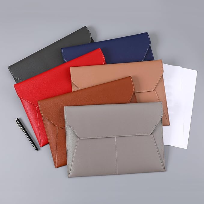 PU Leather A4 File Folder Document Holder with 3 Pockets Waterproof Stylish Envelope Folder Case with Snap Closure (Red)