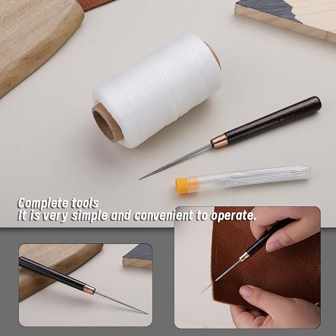 TLKKUE Strong Upholstery Repair Waxed Thread Kit, 273 Yards Upholstery Thread Sewing Needle Straight Awl, Heavy Duty Wax String Sewing Kit for Leather, Shoe Canvas Carpet Stitching Crafting (White)