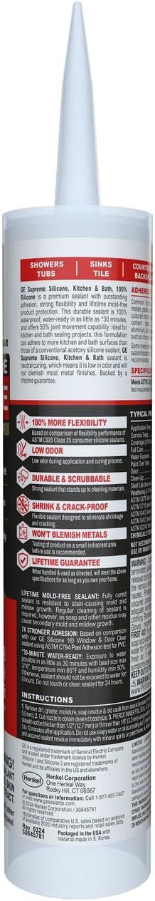 GE Supreme Silicone Caulk for Kitchen & Bathroom, Clear, 10 fl oz Cartridge, 1 Pack - 100% Waterproof Silicone Sealant, 7X Stronger Adhesion, Shrink & Crack Proof
