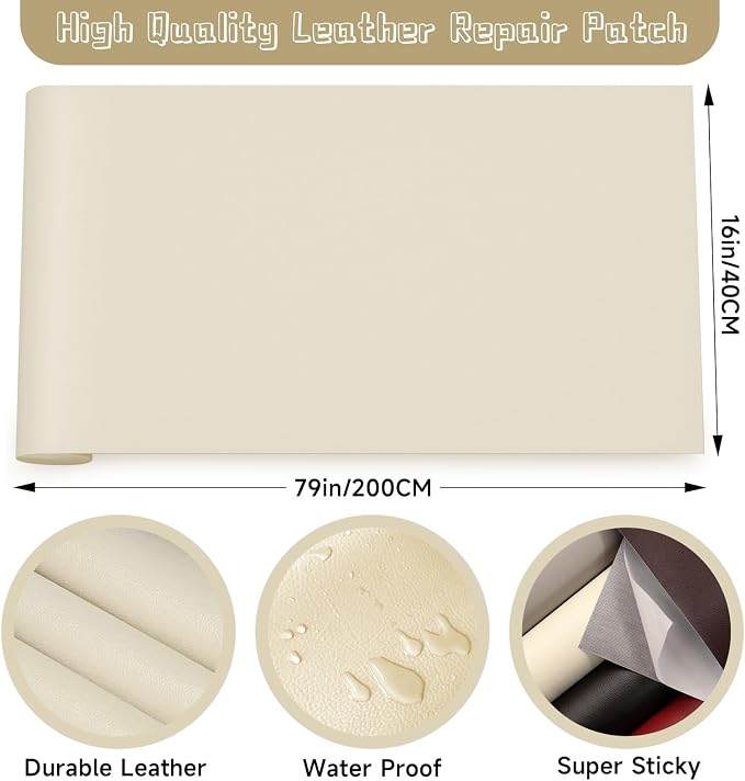 Leather Repair Patch, Self Adhesive Leather Repair, Large Leather Repair Tape for Sofa, Car Seats, Furniture, Cabinets, Chairs, Handbags （Beige, 16X79 inch)