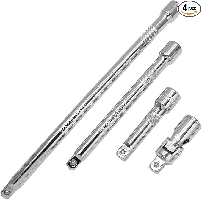 4 Pcs 3/8 Inch Socket Extension Set, CR-V Ratchet Extension Set Include 3, 6, 10 Inch Bars and 3/8" Universal Joint Socket for Ratchets and Torque Wrenches, Ideal for Repair, DIY