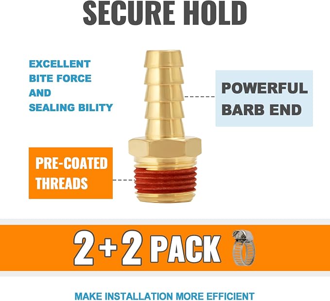 SUNGATOR 2-Pack 3/8" Barb to 1/8" NPT Air Hose Fittings, Brass Air Hose Repair Kit with Sealant, 3/8" to 1/8" NPT Male Brass Fittings, Barbed Gas Line Repair Connectors with 2 Clamps