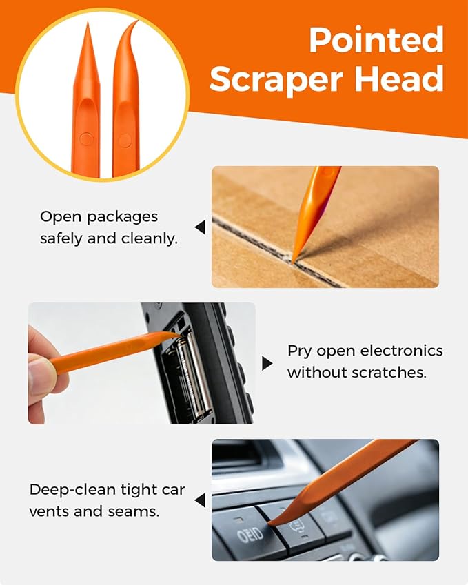 12Pcs Plastic Scraper Tool, Crevice Cleaning Tool, Non-Scratch Car Detailing Supplies for Cleaning, Versatile Label/Sticker Remover & Peeler Tool for Tight Spaces (Orange-12Pcs)