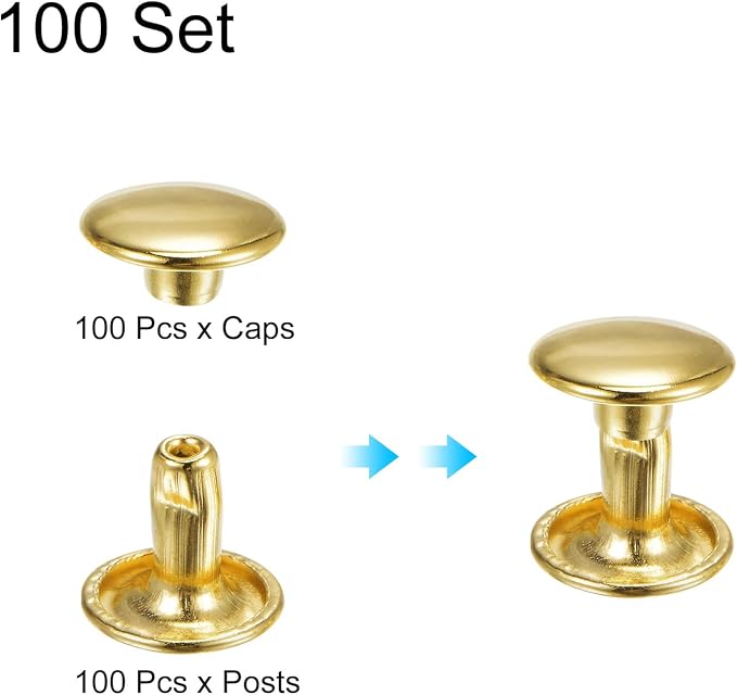HARFINGTON 100 Sets Double Cap Leather Rivets, 9x8mm Round Cap Tubular Metal Studs Leather Crafting Rivets for Fabric Belt Pet Collar Boot Bag Repair and Decoration, Gold