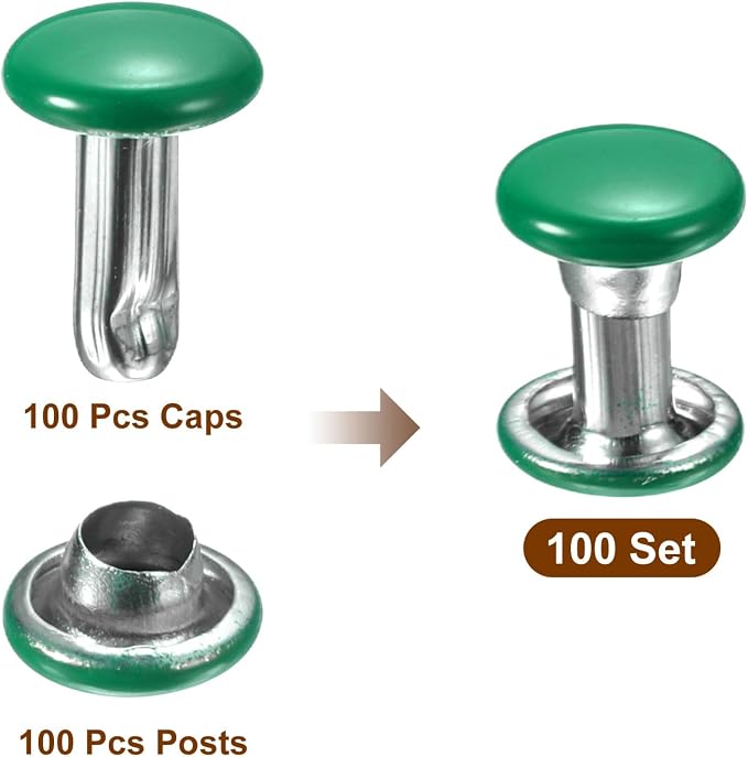 HARFINGTON 100 Sets Double Cap Leather Rivets, 6x8mm Round Cap Tubular Metal Studs Leather Crafting Rivets for Fabric Belt Pet Collar Boot Bag Repair and Decoration, Green