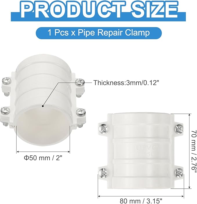 PATIKIL 2 Inch Water Pipe Repair Clamp PVC Leak Sealer for OD 50mm PE/PPR/Pipes and Plumbing (Length 2.7 Inch), White