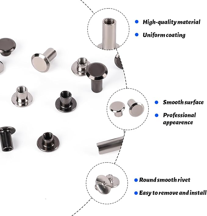 110 Sets Chicago Screws Leather Rivets, 6 Sizes (M5*4,5,6,8,10,12) Assorted Binding Screws with Rubber Hammer for Leather Craft, Belt, Bookbinding, DIY Fabric Clothing Repair (Black & Silver)