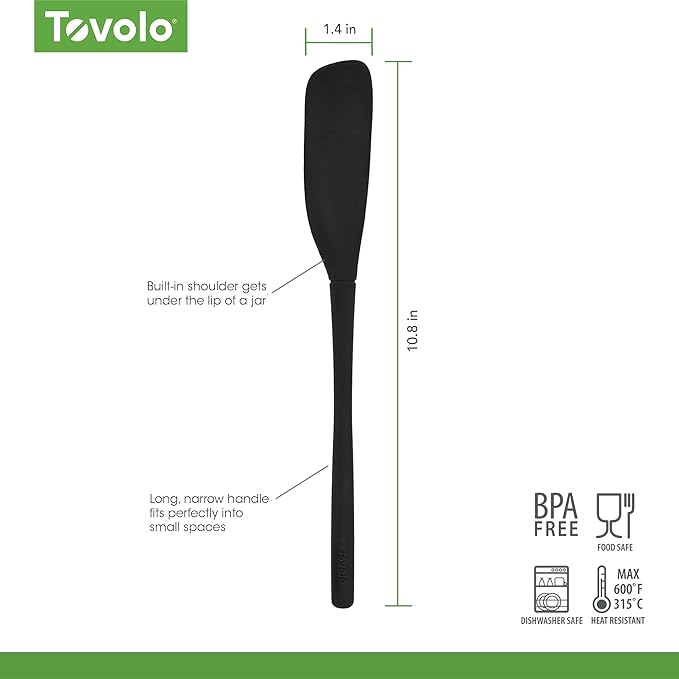 Tovolo Silicone Jar Spatula Long Handled Rubber Scraping Scooping Tool for Peanut Butter Jam Jelly Jars Blenders, Easy Reach Extra Long Flex Core Silicone Jar Scraper Dishwasher Safe BPA Free, Black
