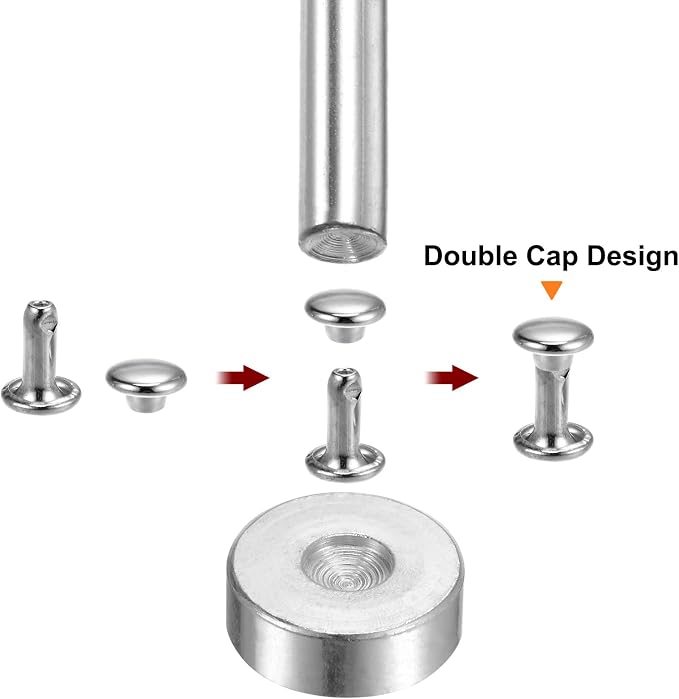 HARFINGTON 100 Sets Leather Rivets 10 x 9mm Metal Double Cap Rivet Snaps Studs Fasteners with 3pcs Setting Tools Rivets for Leather Craft DIY Repair Decoration, Silver Tone