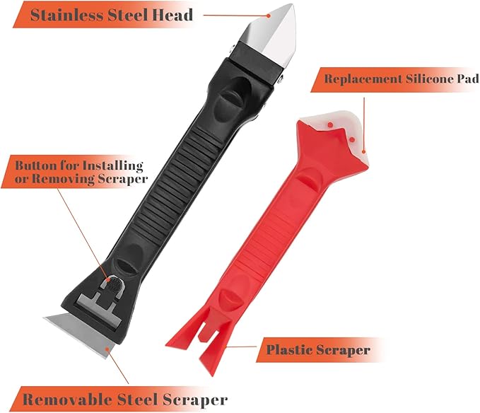 Caulking Tools-Silicone Sealant Finishing Tool Kit Caulk Grout Remover Scraper(Stainless Steel Head) For Kitchen Bathroom And Window (3 in 1) (10Pcs)