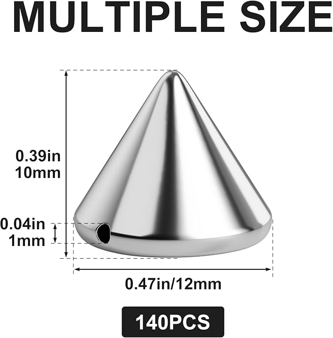 OIIKI 140PCS 12mm ABS Bullet Spike Cone Studs, Rivets Cone Spike Studs Beads, Flat Back Punk Spikes DIY Crafts Studs Glue on Decoration for Clothing Leather Clothes Belt Bag Shoes Jewelry - Silver