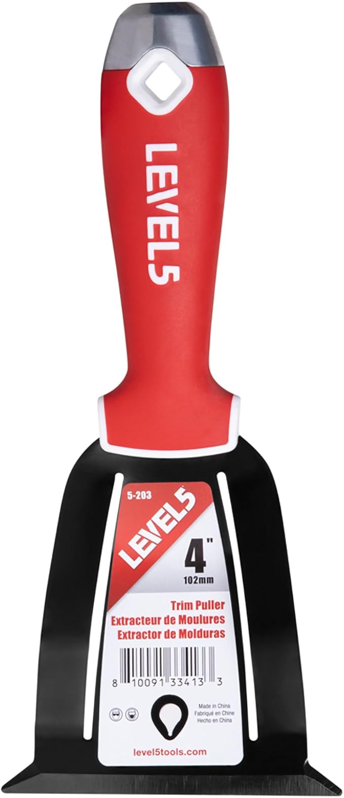 LEVEL5 4” Trim Puller & Multi-Tool | Baseboard and Trim Removal, Caulk Removal, Scraping, Pulling Brad Nails | Metal Hammer End & Soft-Grip Handle | 5-203
