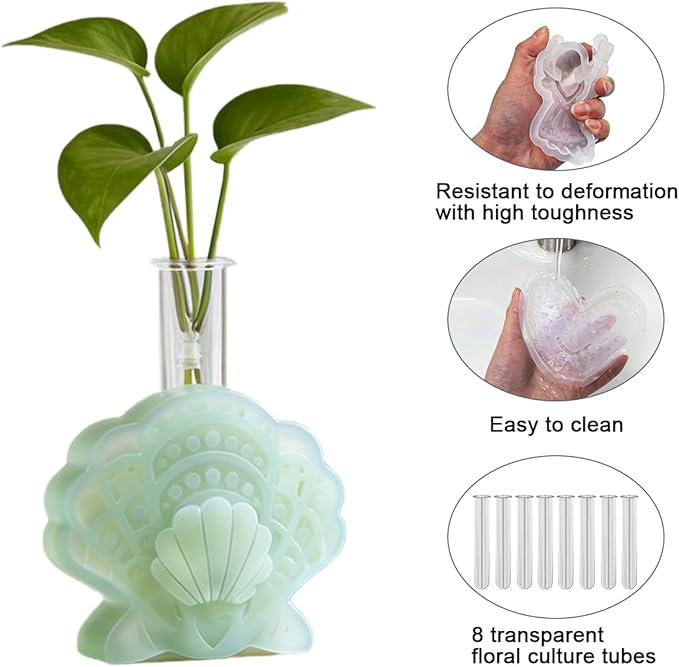 DLAND 3 Piece Silicone Vase Molds for Resin Casting, Includes Angel, Heart, Shell Epoxy Resin Molds, with 8 Test Tubes, Reusable Epoxy Molds for Flowers Display, Home Decoration & DIY Crafts