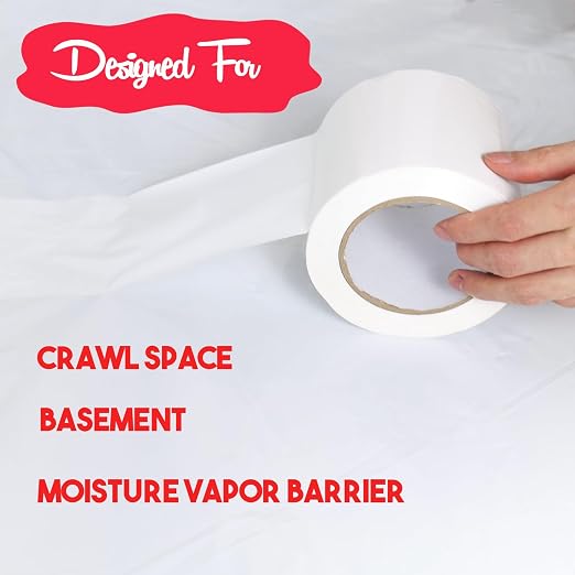 Vapor Barrier Tape, 7 Mil Polyethylene Tape Sealing Moisture Barrier Seam, Seal Tape for Crawl Space, Underlayment, Marine Use, White Insulation Tape, Waterproof, 6 Inch, 100 Foot Roll