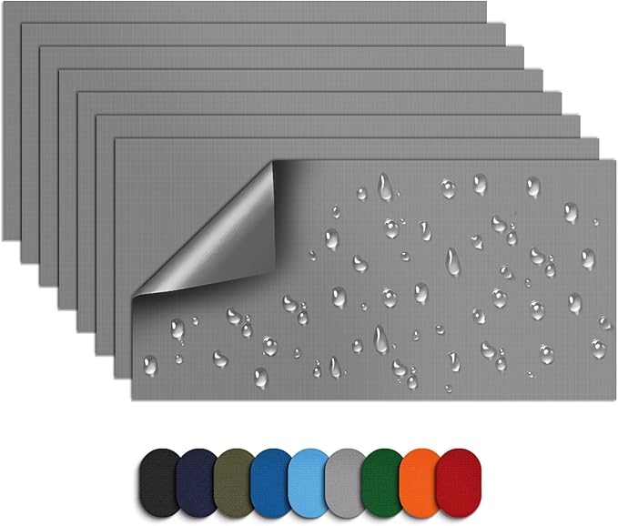 Self-Adhesive Nylon Patches Tent Repair Kit – Outdoor Gear Tenacious Repair Tape, Waterproof Fabric Patches for Clothes, Tent, Down Jacket, Backpack (8pcs, Dark Grey