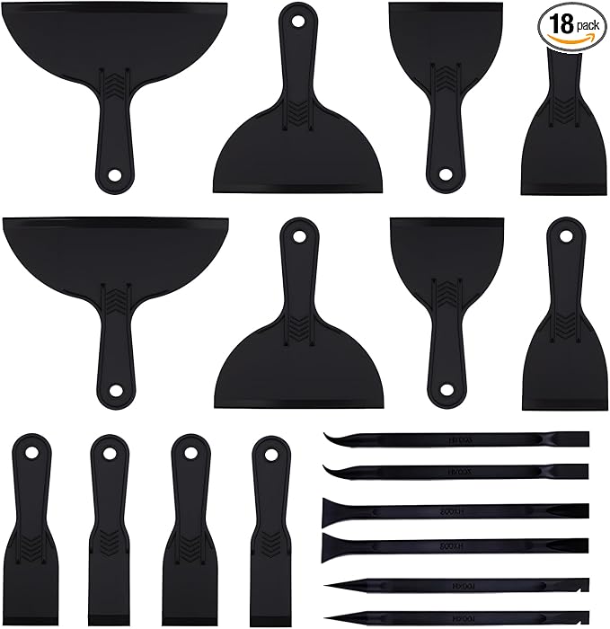 18 PCS Plastic Putty Knife, Includes 12 Plastic Putty Filler Knife and 6 Scrapers Tool, Flexible Putty-Scraper for Spackling, Repairing Drywall, Removing Wallpaper, Applying Mud or Plaster