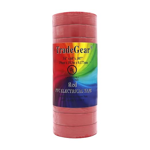 TradeGear Red 10 Pack - UL Listed Colored Electrical Tape, 60 ft x 3/4 in, 600V, Flame Retardant, Waterproof, Rubber Adhesive - Phase Marking, Wire ID, Automotive