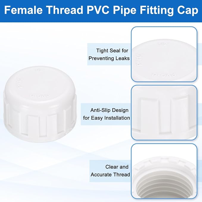 uxcell 12Pcs 1/2 Inch PT Female Thread PVC Pipe Fitting Cap, Cleanout Water Drain End Caps, Pipe Plug Socket Fittings with Tape for Water Heater Supply Lines, Plumbing, White