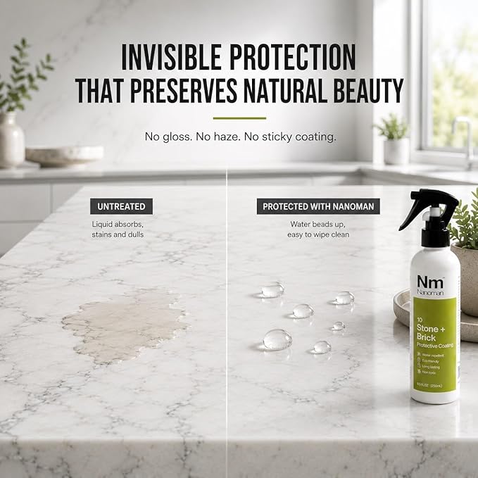 Nanoman Stone and Brick Sealer 8.4 fl oz; Marble Granite Quartz Stone Brick Concrete Grout Sealer and Protectant; Cleaner Sealant Protector & Care Spray for Kitchen and Bathroom Benches and Surfaces