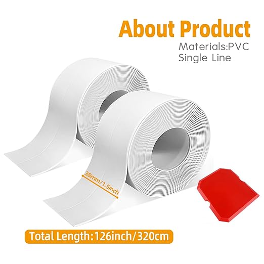 White Caulk Tape, 2 Rolls Waterproof Self Adhesive Bathroom Caulk Strip, 1.5" x 10.5Ft Caulking Sealant Tape for Kitchen Sink, Bathtub, Toilet Base and Wall Edge with Sealing Tool