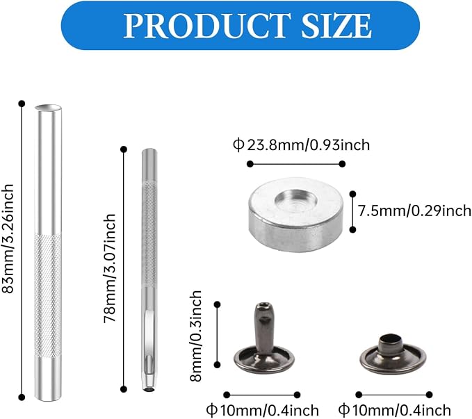 100 Sets Leather Rivets 10x8mm Double Cap Rivets Snaps Metal Studs Fasteners with 3pcs Setting Tools for Leather Craft DIY Repair Decoration, Gunmetal