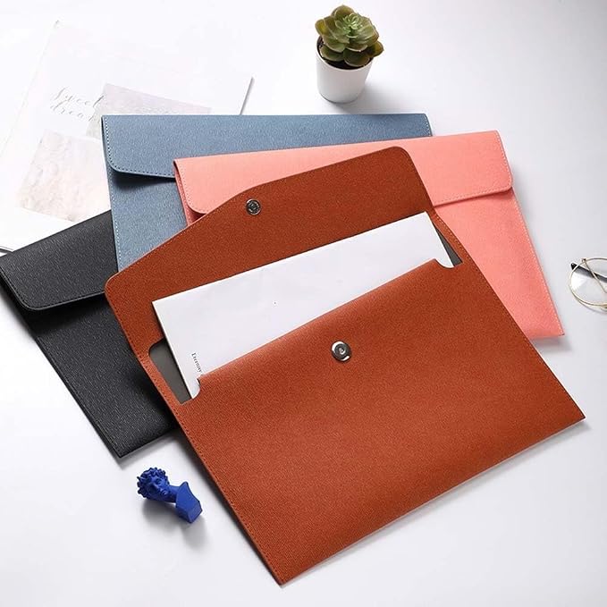 A4 PU Leather File Holder Document Folder Pink Thin Waterproof Portfolio Filing Envelope Oragnizer Pocket Storage Case with Snap Closure for Receipt Contract Stationery Tablet