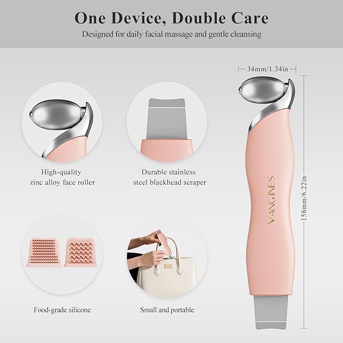 Blackhead Remover Tool with Ice Roller, Stainless Steel Face Scraper, Skin Scrubber Face Spatula for Deep Cleansing, 3-in-1 Skin Care Tool with 2 Silicone Brush Heads(Dusty Rose)