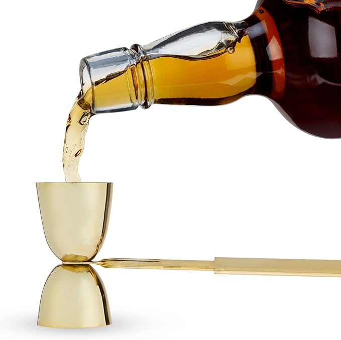 Twine Bar Tool Set Includes Hawthorne Strainer, Citrus Knife, Ice Tongs, Double Jigger with Marble Display Stand for Classic Cocktails and Cold Brew Drinks, Home Bar Cart Accessories, 4-Piece, Gold