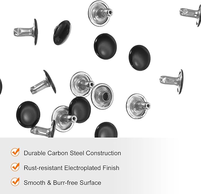 HARFINGTON 100 Sets Double Cap Leather Rivets, 10x10mm Round Cap Tubular Metal Studs Leather Crafting Rivets for Fabric Belt Pet Collar Boot Bag Repair and Decoration, Black