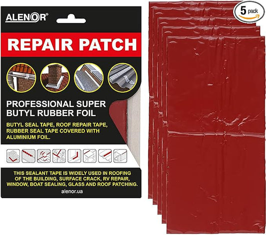 ALENOR Red Butyl All Weather Repair Patch 4"x6" (Pack of 5) Waterproof Sealing Patch Roof Leak Indoor or Outdoor Pipe Repair HVAC Vent Air Conditioner Window Seal Rain Gutters Flashing Auto & Boats RV