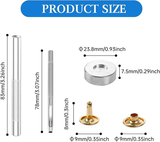 100 Sets Leather Rivets 9x8mm Double Cap Rivets Snaps Metal Studs Fasteners with 3pcs Setting Tools for Leather Craft DIY Repair Decoration, Gold Tone