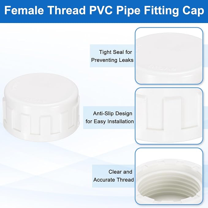 uxcell 5Pcs 1 Inch PT Female Thread PVC Pipe Fitting Cap, Cleanout Water Drain End Caps, Pipe Plug Socket Fittings with Tape for Water Heater Supply Lines, Plumbing, White