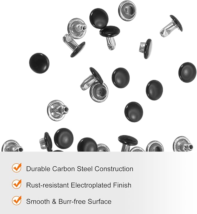 HARFINGTON 100 Sets Double Cap Leather Rivets, 6x6mm Round Cap Tubular Metal Studs Leather Crafting Rivets for Fabric Belt Pet Collar Boot Bag Repair and Decoration, Black