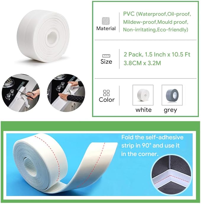 2 Pack Caulk Strip, 1.5" x 10.5Ft PVC Self Adhesive Caulk Tape, Sealing Waterproof Silicone Tape for Bathroom Bathtub Kitchen Toilet Wall Windows